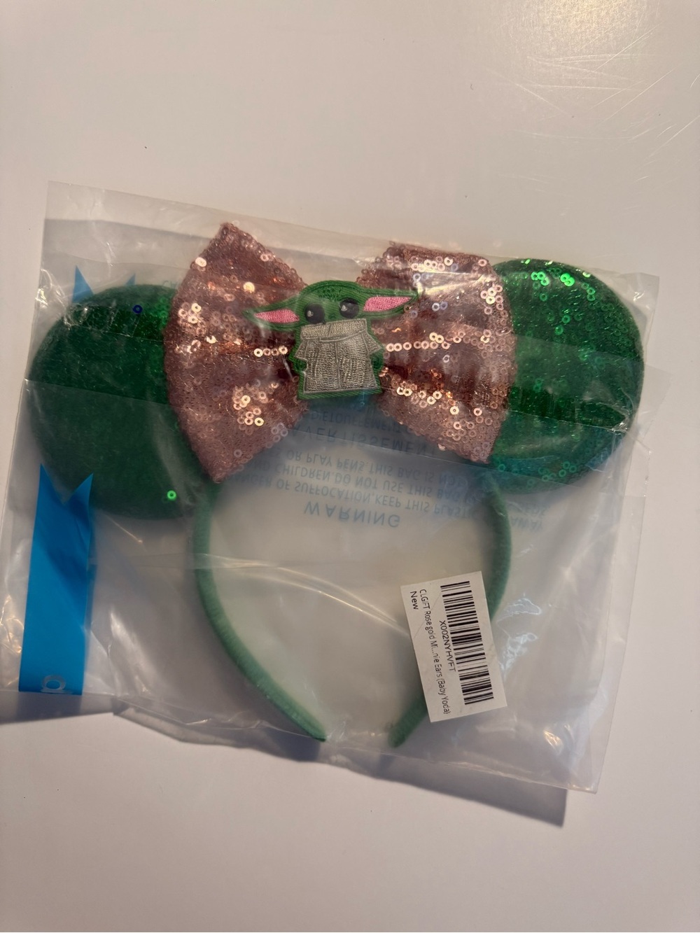 Baby Yoda Sequin Ear Headband with Green and Rose Gold Bow